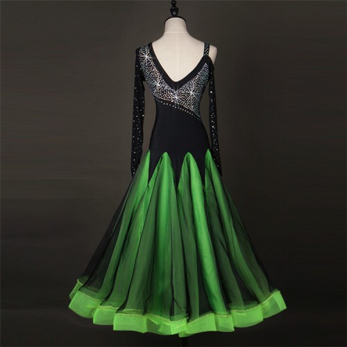 Green with black patchwork rhinestones handmade long sleeves women's female competition full skirted long length ballroom dance dresses